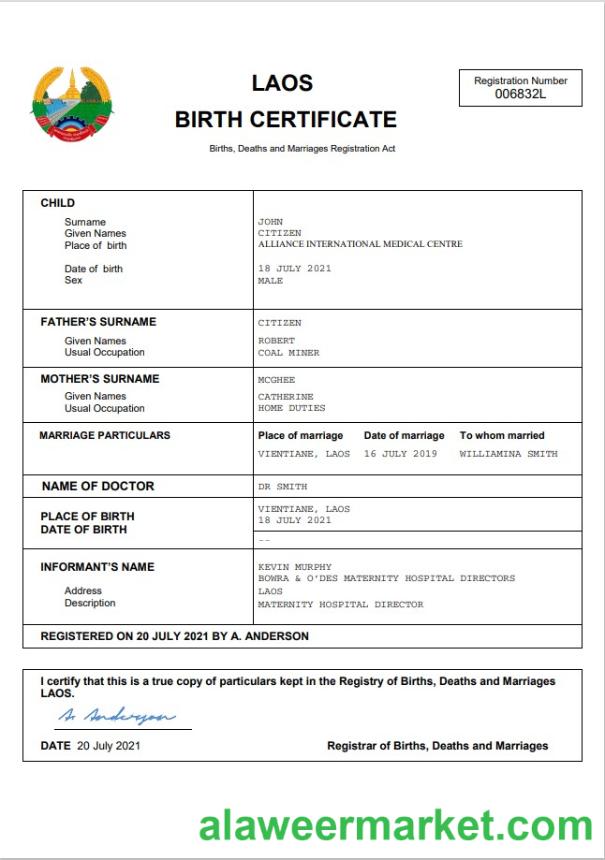 Laos birth certificate Word and PDF template